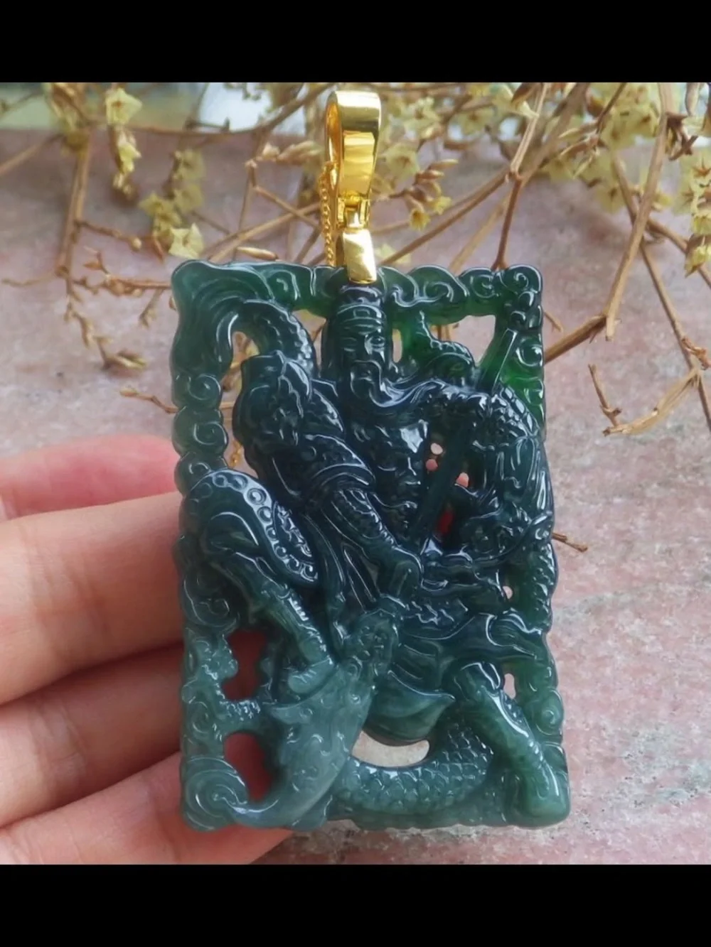 Certificate jadeite silver 925 gold clasp bail pendant guan gong god dragon